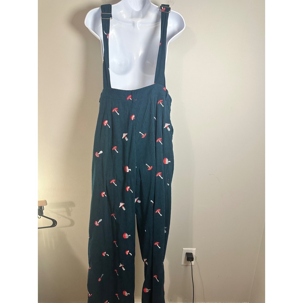 Cider Teal Corduroy Mushroom Embroidered Wide Leg Overalls Womens Medium - Picture 6 of 7